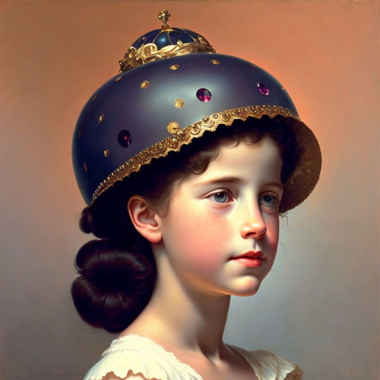 Young girl with side bun in ornate helmet against warm backdrop