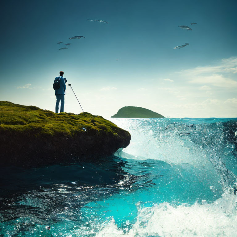 Person on Grass Cliff Overlooking Ocean Waves and Flying Birds