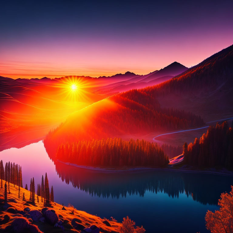 Scenic sunrise over mountainous landscape with river and pine trees