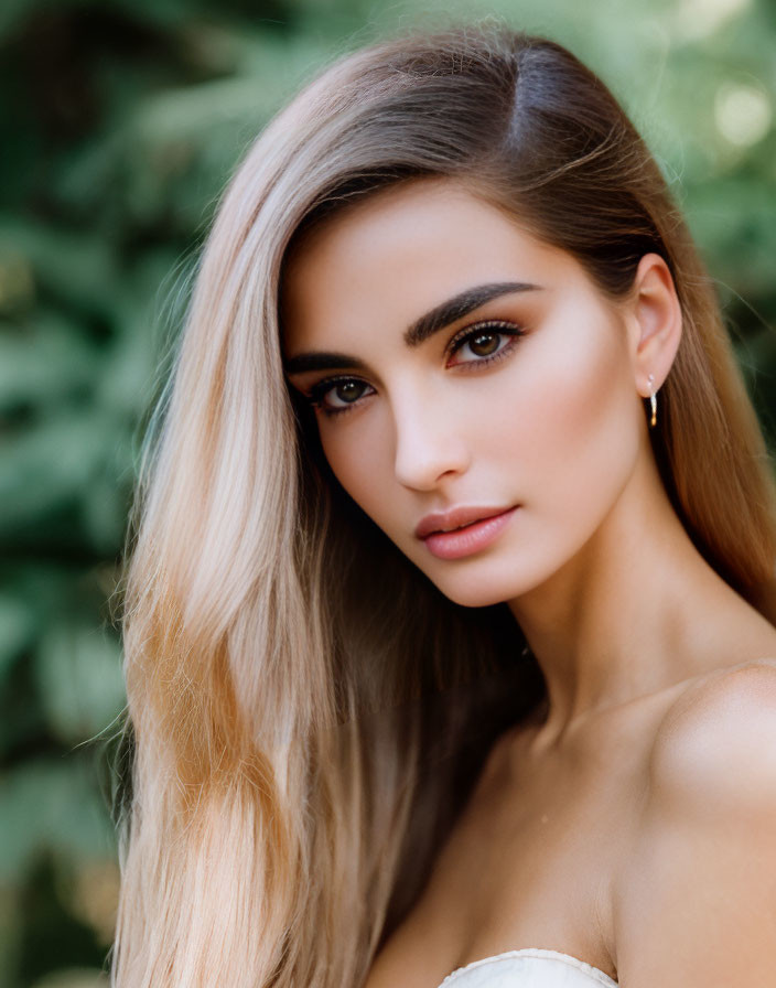 Blonde woman portrait with strong eyebrows on green background