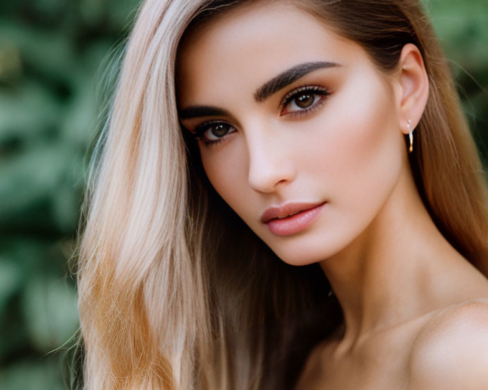 Blonde woman portrait with strong eyebrows on green background