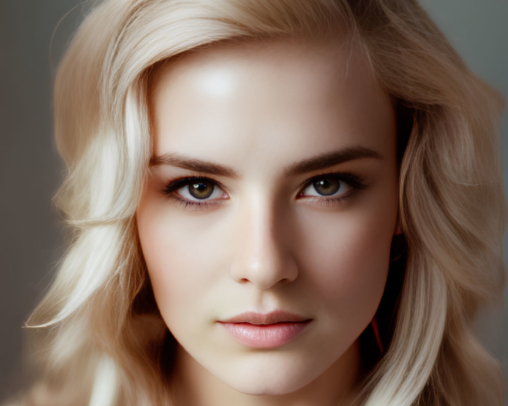 Portrait of young woman with blonde wavy hair and intense brown eyes