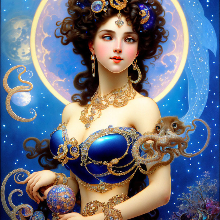 Illustrated woman with dark hair and jewels holding celestial objects with a small monkey in moonlit scene