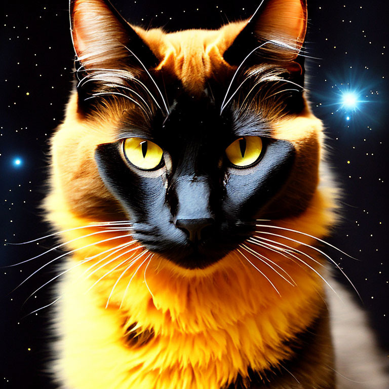 Close-up of black and orange cat with yellow eyes on starry night sky.