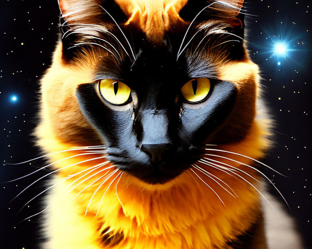 Close-up of black and orange cat with yellow eyes on starry night sky.