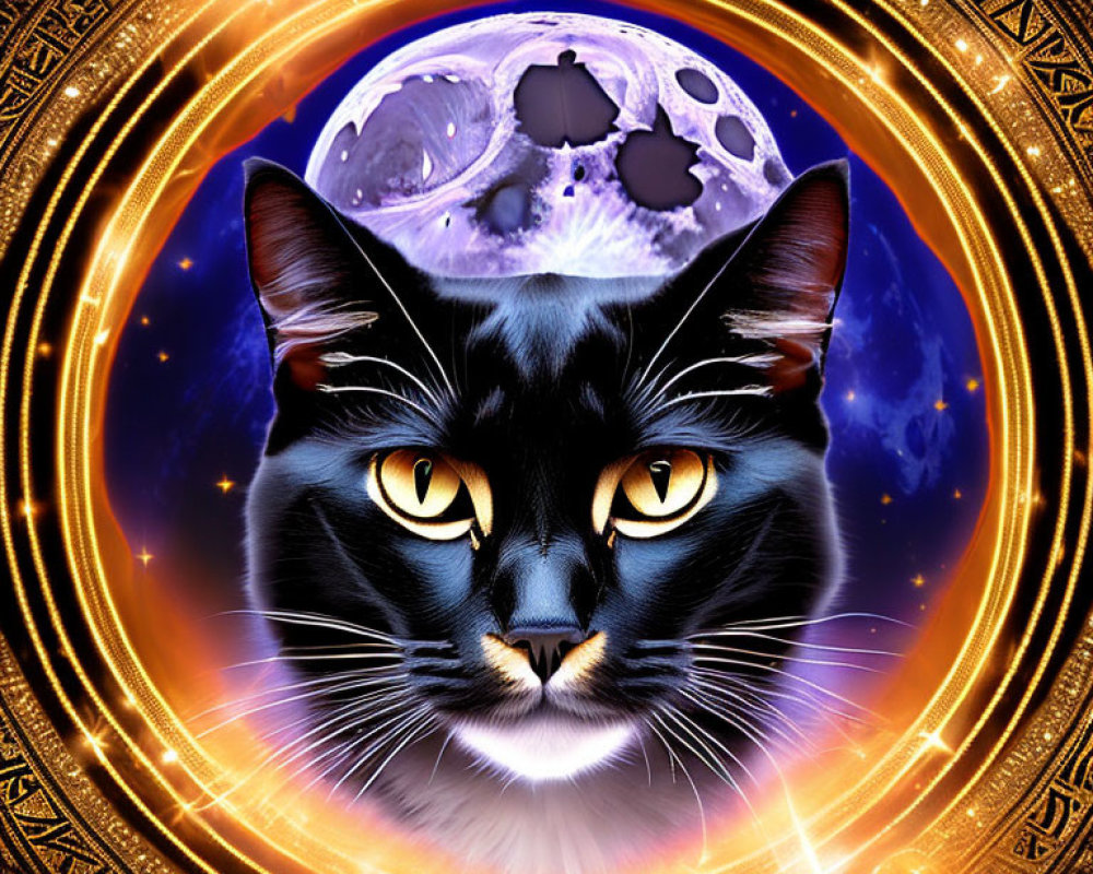 Stylized black cat with yellow eyes on cosmic background