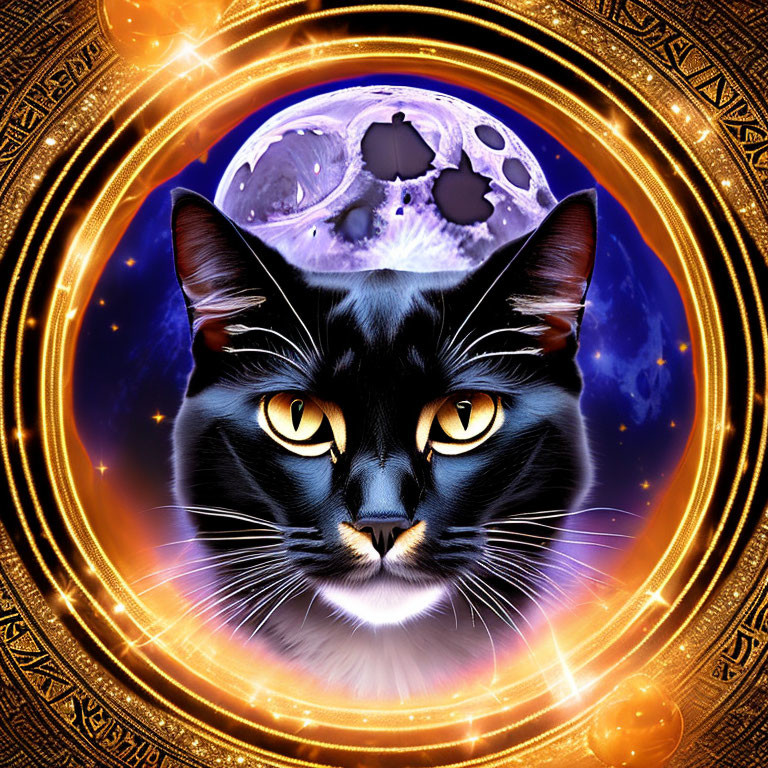 Stylized black cat with yellow eyes on cosmic background