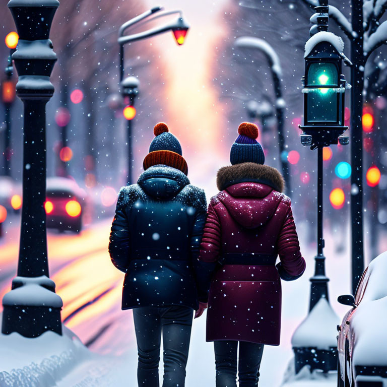 Snowy street scene with two people in winter attire, glowing streetlights, and snow-covered car