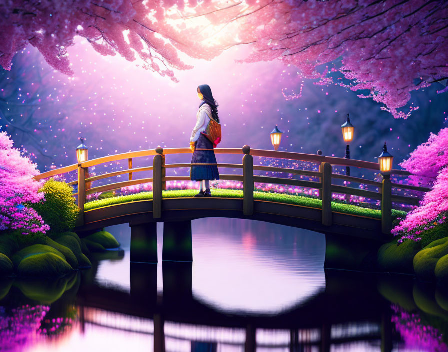 Person on Curved Bridge in Magical Cherry Blossom Landscape