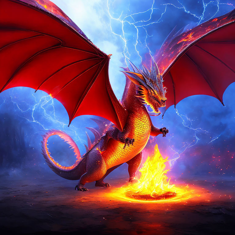 Orange Dragon Breathing Fire in Stormy Skies