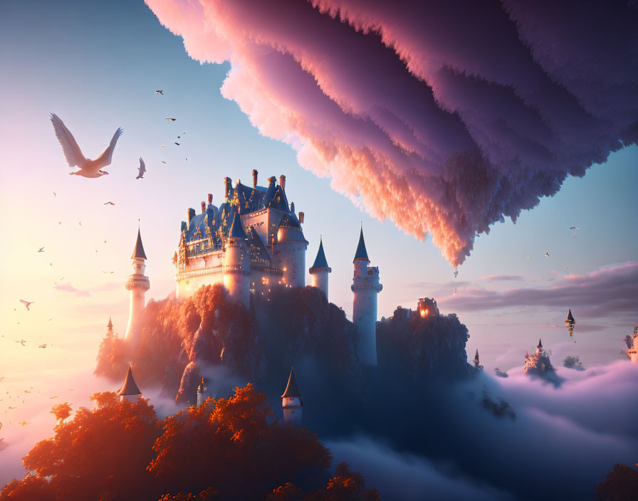 Castle on a Floating Island Amidst Colorful Clouds