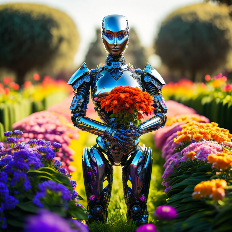 Futuristic humanoid robot among vibrant flowers with orange blossoms