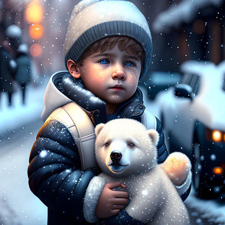 Child in winter attire holding teddy bear in snowfall