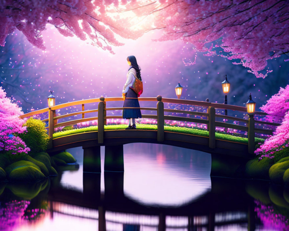 Person on Curved Bridge in Magical Cherry Blossom Landscape