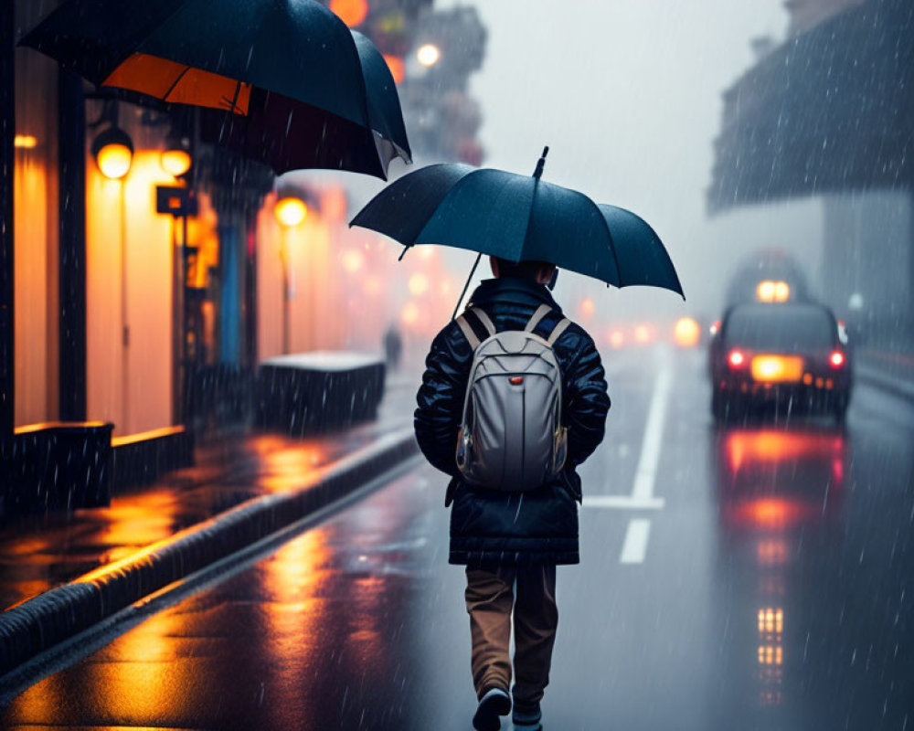 Person with backpack holding umbrella walks on wet city street in rain