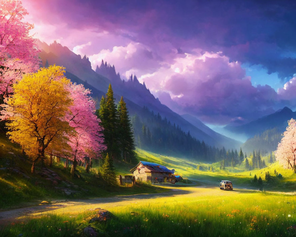 Scenic valley with pink trees, cottage, and mountains at dusk