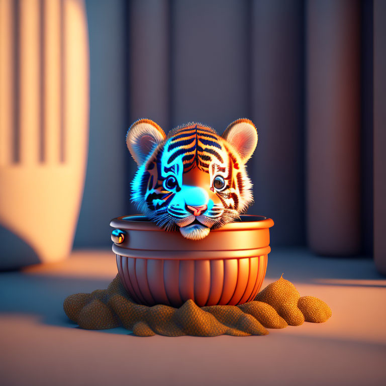 Vibrant illustration: cute tiger cub in small pot with sandy backdrop