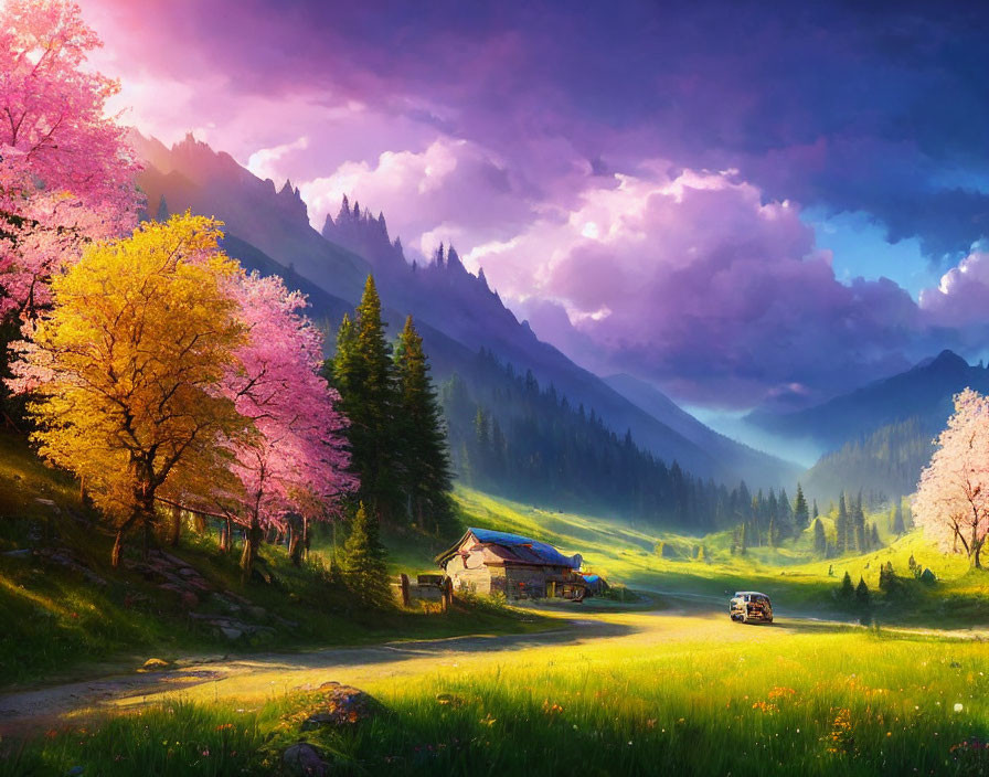 Scenic valley with pink trees, cottage, and mountains at dusk