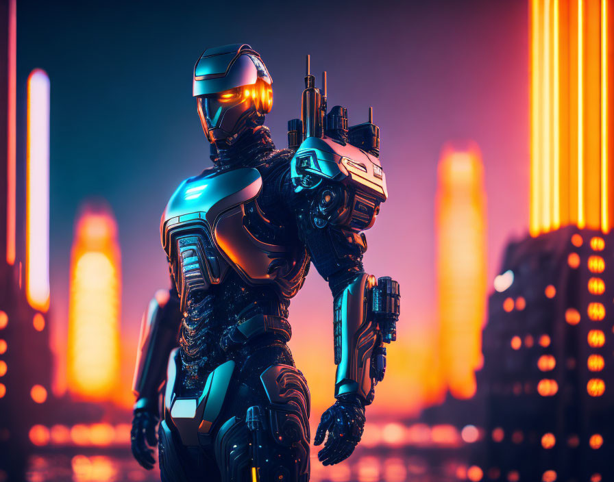 Futuristic robot with sleek armor in neon-lit cityscape