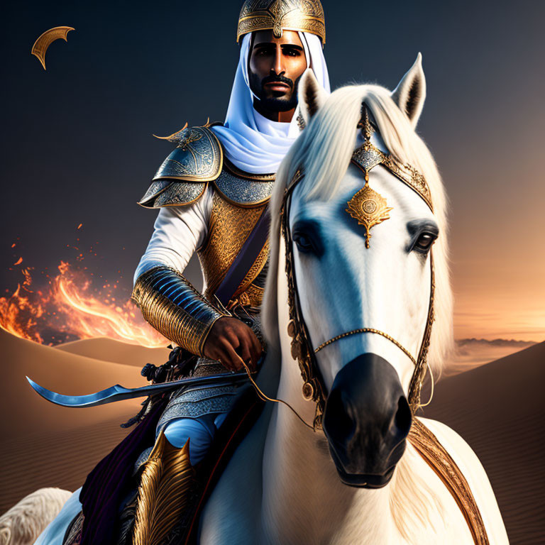 Armored knight on white horse under fiery sky and crescent moon