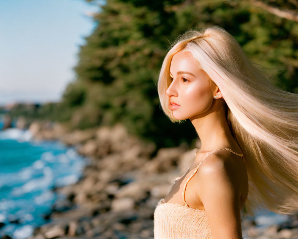 Blonde woman by the coast with long hair and trees in background