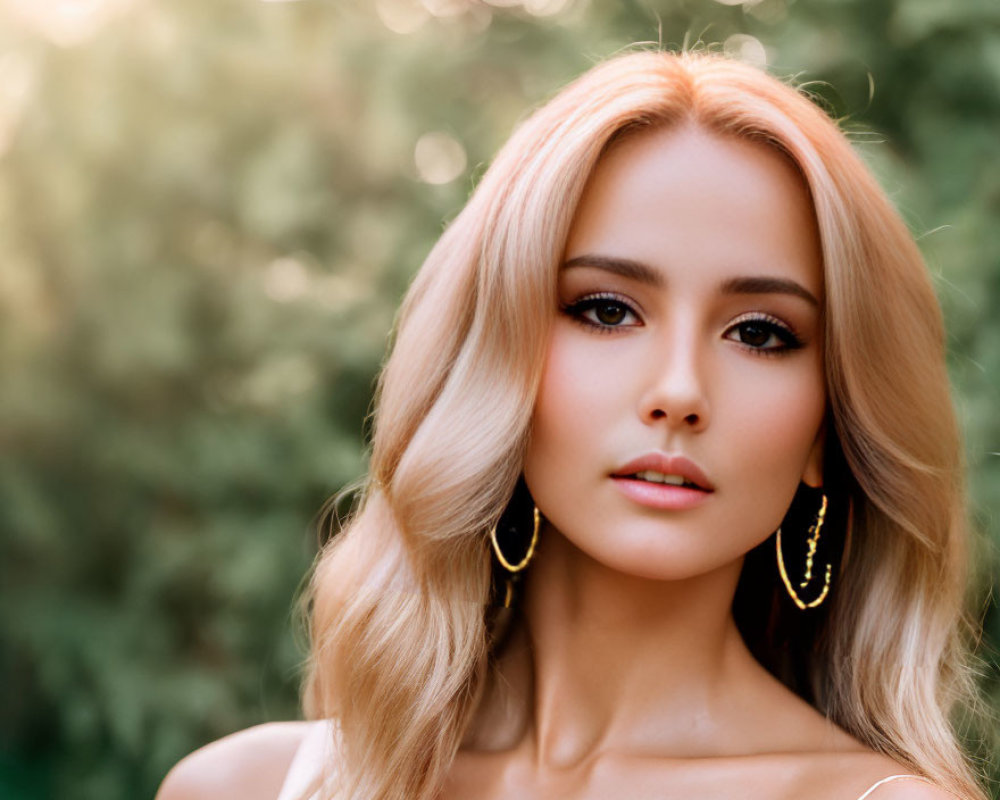 Blonde Woman Portrait with Hoop Earrings in Nature