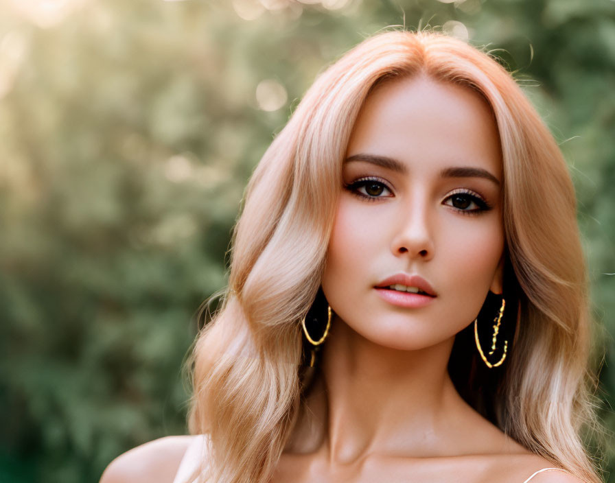 Blonde Woman Portrait with Hoop Earrings in Nature