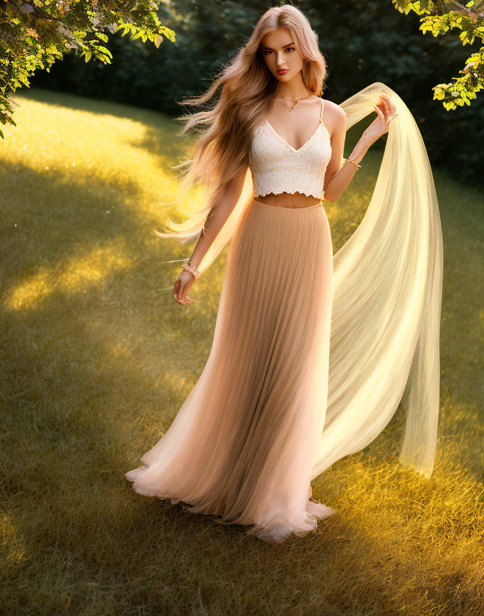 Blonde woman in beige dress standing in sunlit garden