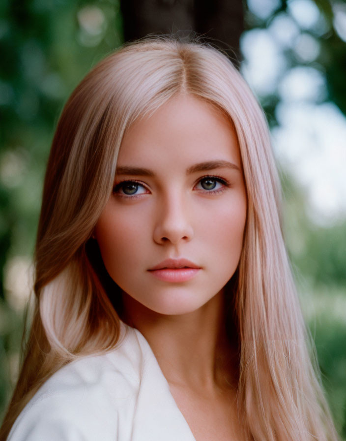 Blonde Woman with Blue Eyes Portrait on Green Background