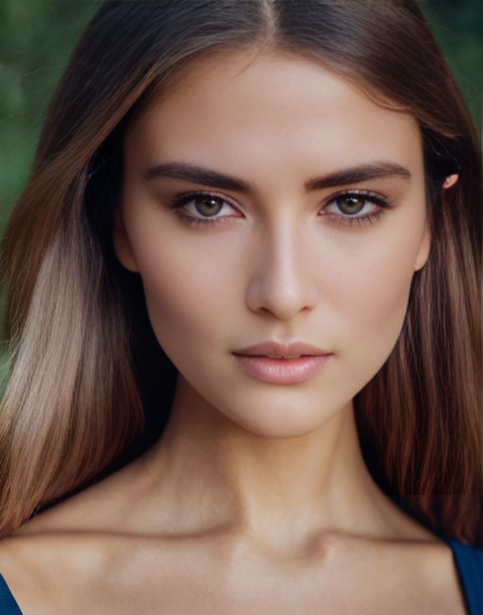 Portrait of Young Woman with Long Brown Hair and Striking Brown Eyes