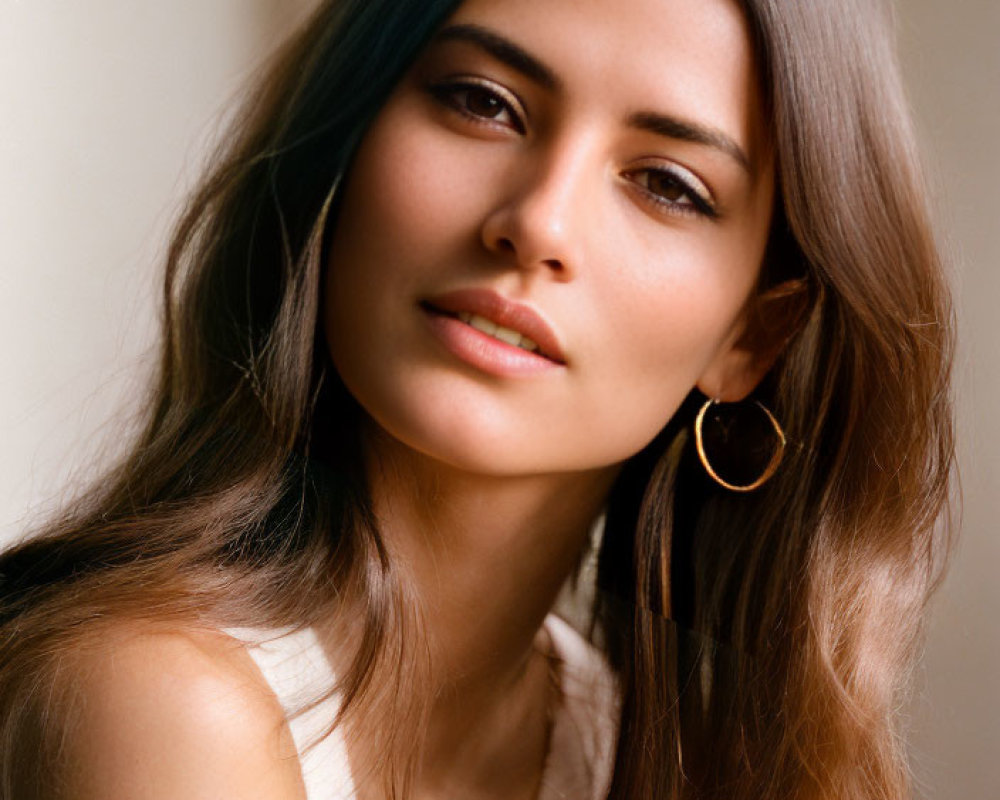 Woman with ombre hair and teal highlights in beige top gazes at camera