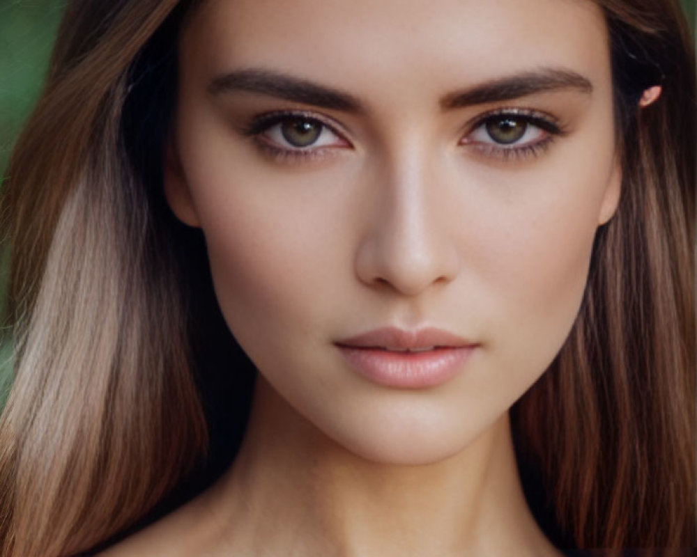 Portrait of Young Woman with Long Brown Hair and Striking Brown Eyes