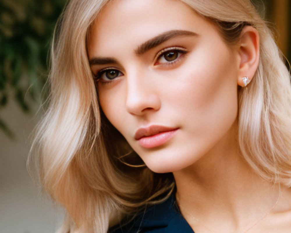 Blonde woman close-up portrait with dark blue top