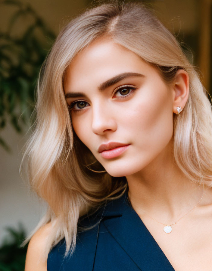 Blonde woman close-up portrait with dark blue top