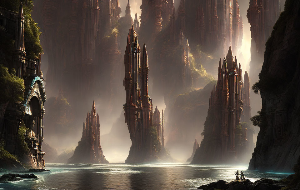 Ethereal fantasy landscape with rock formations, lake, and misty light beams.