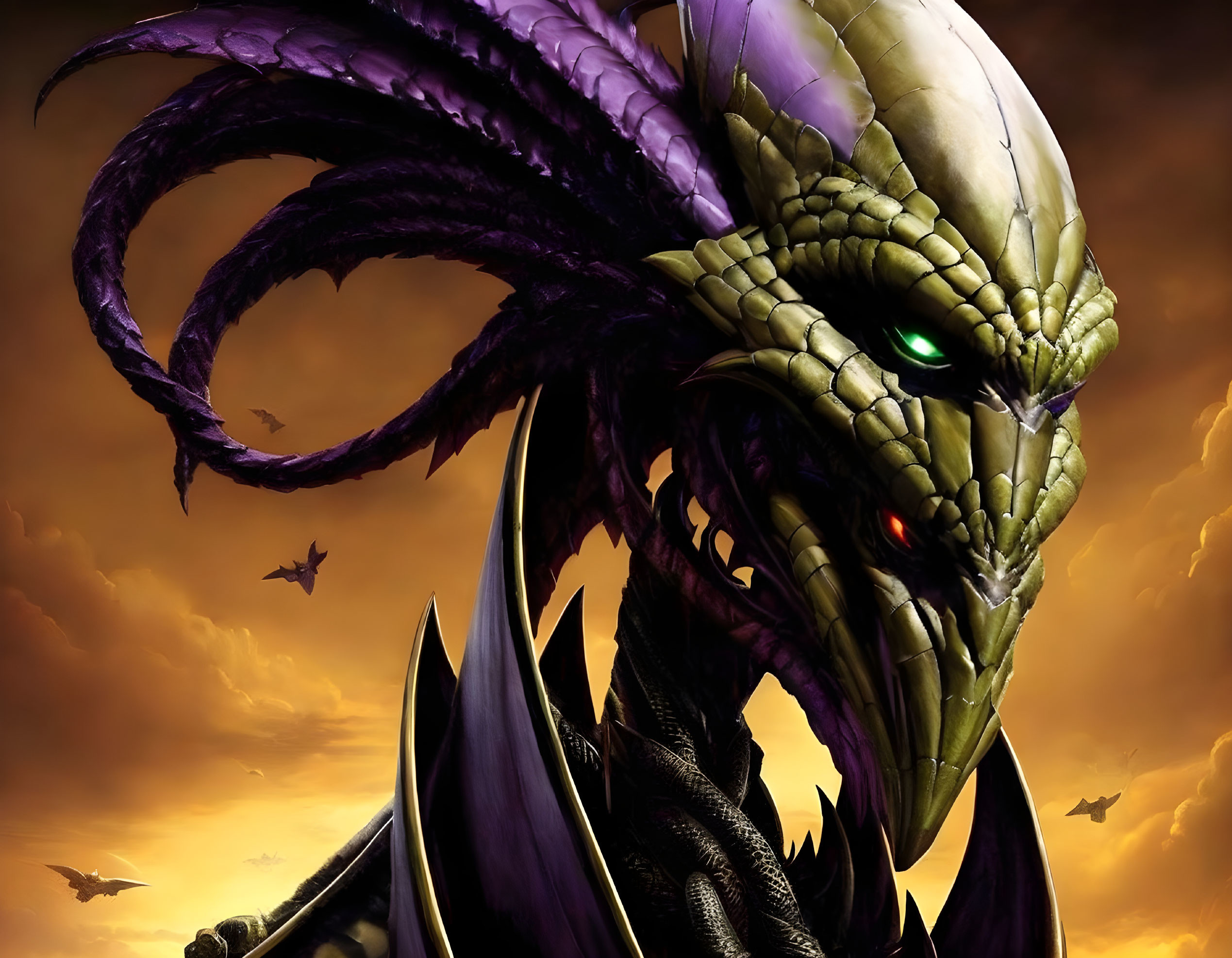 Majestic dragon with green eyes and purple scales in golden sky