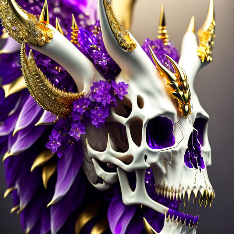 Golden-adorned skull with purple flowers: Life and death contrast