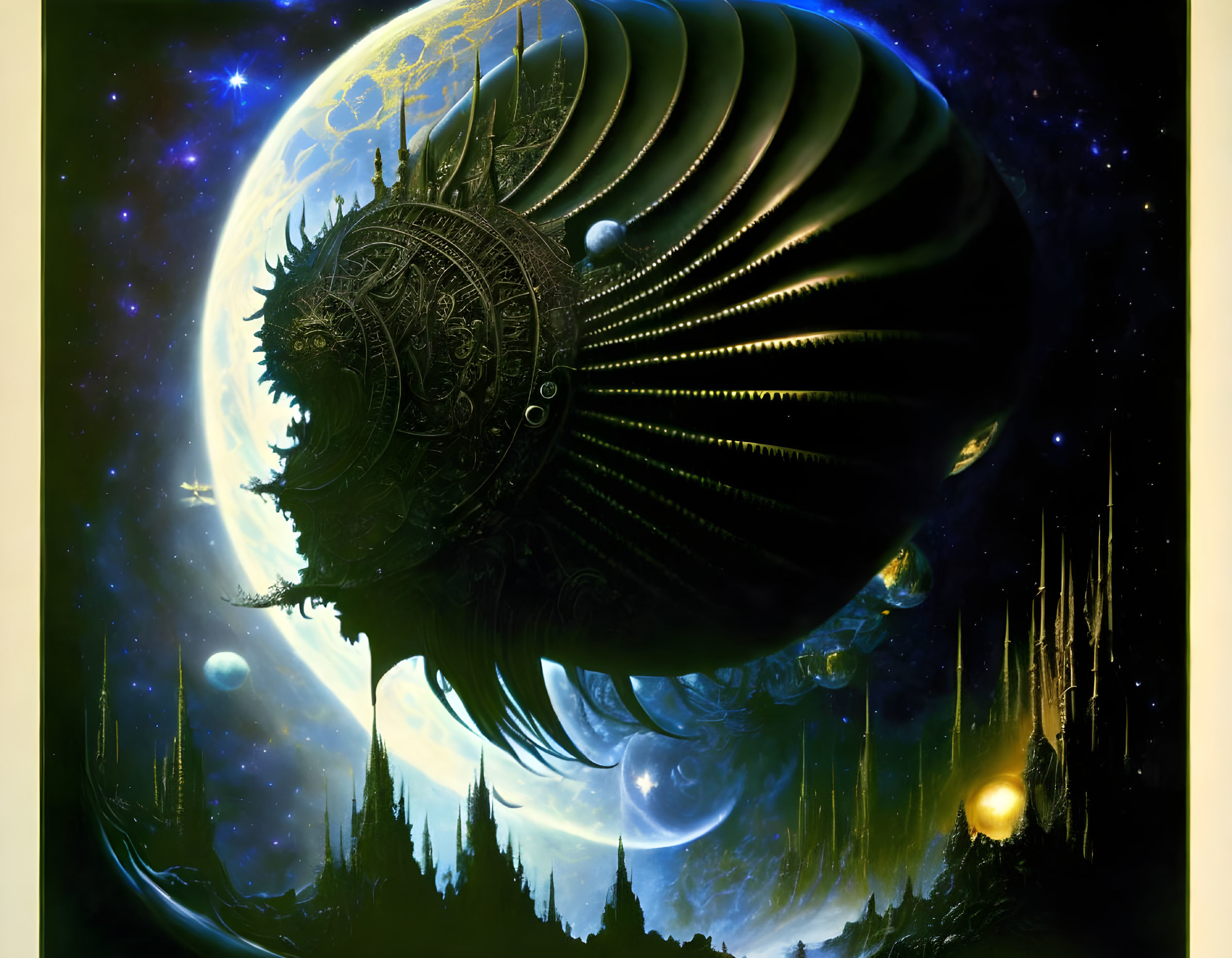 Ornate alien spaceship in mystical space scene