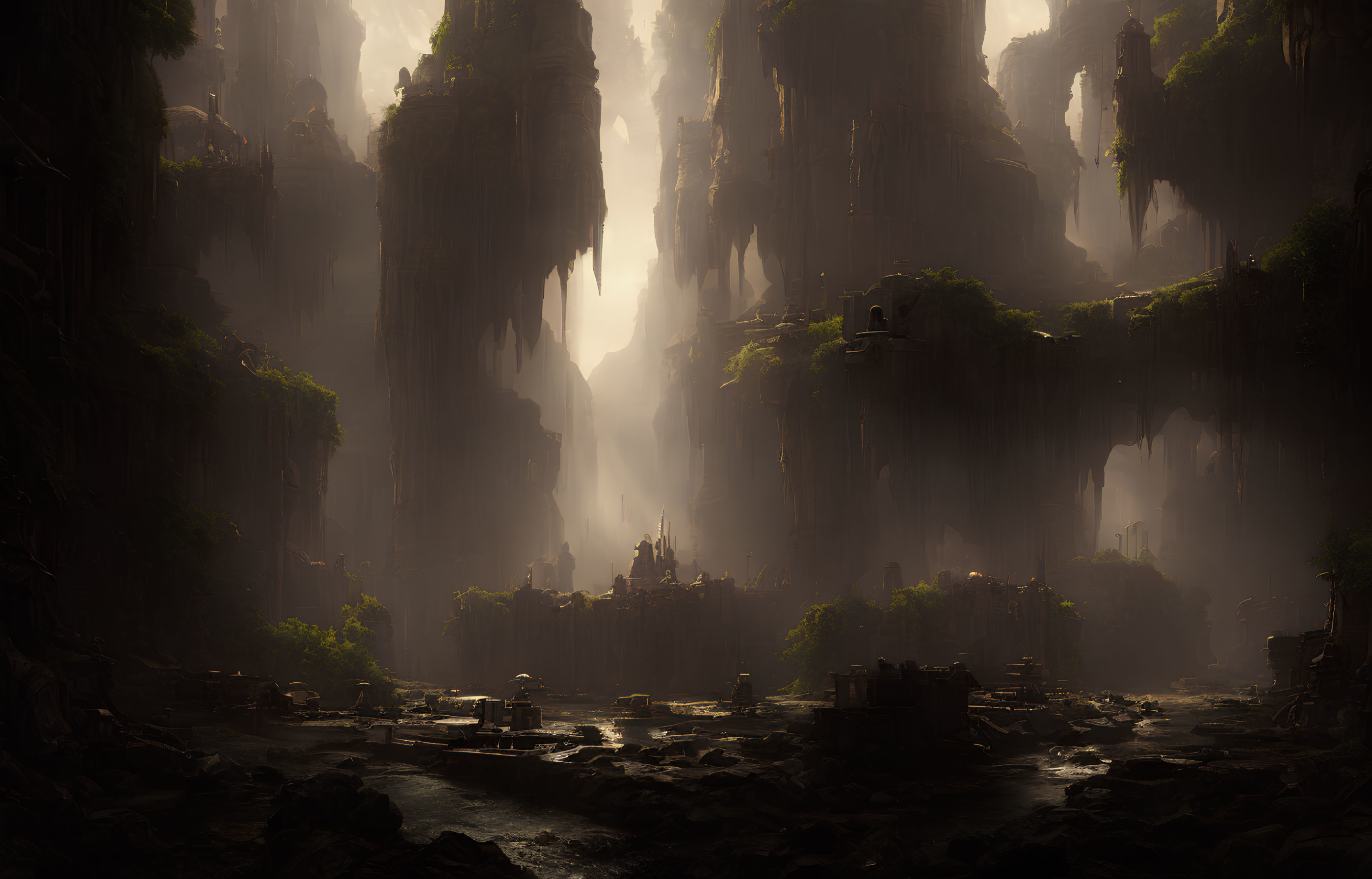 Misty cliffs and river in ethereal landscape with ancient settlement