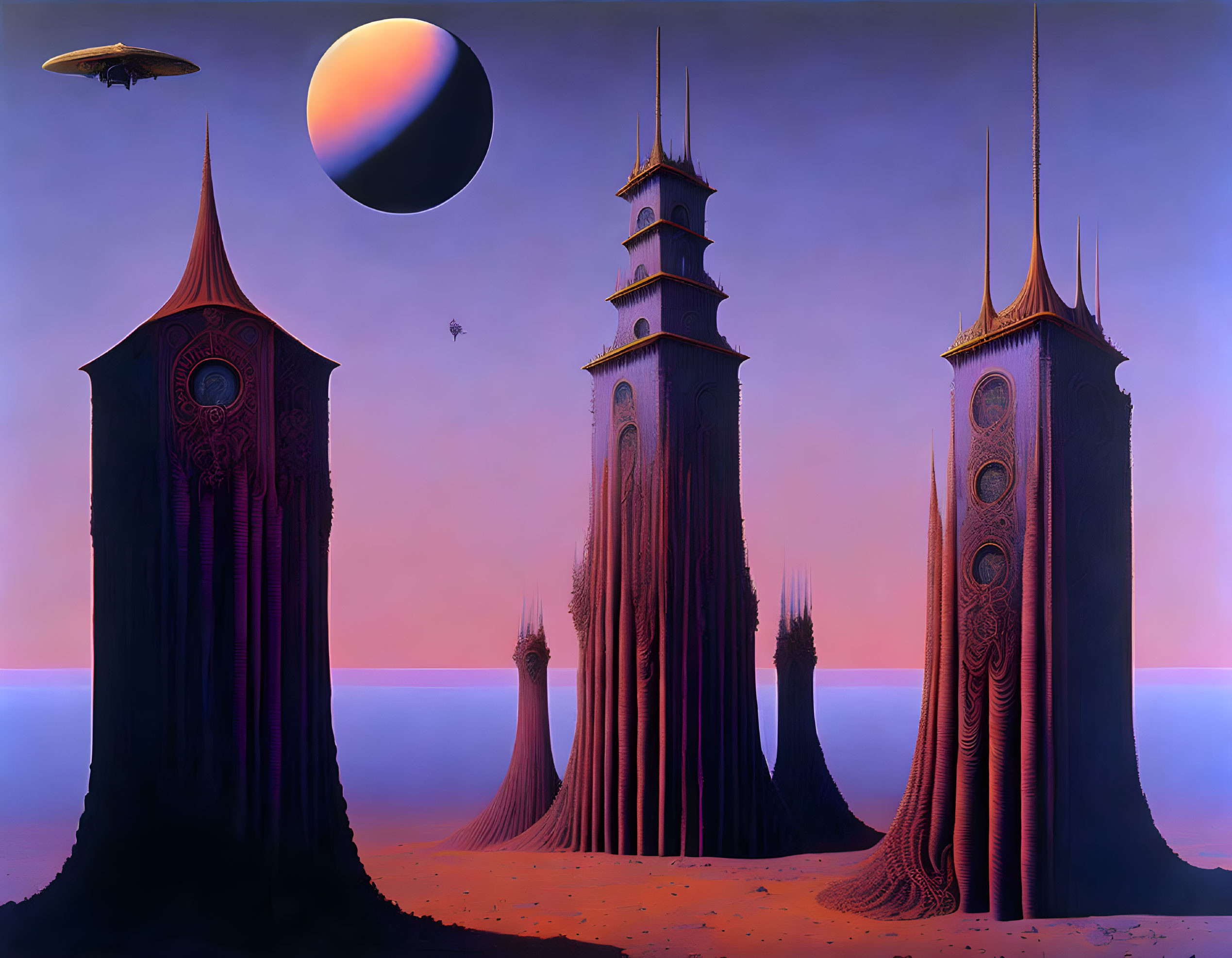 Sci-fi landscape with alien towers, purple sky, planet, and spacecraft