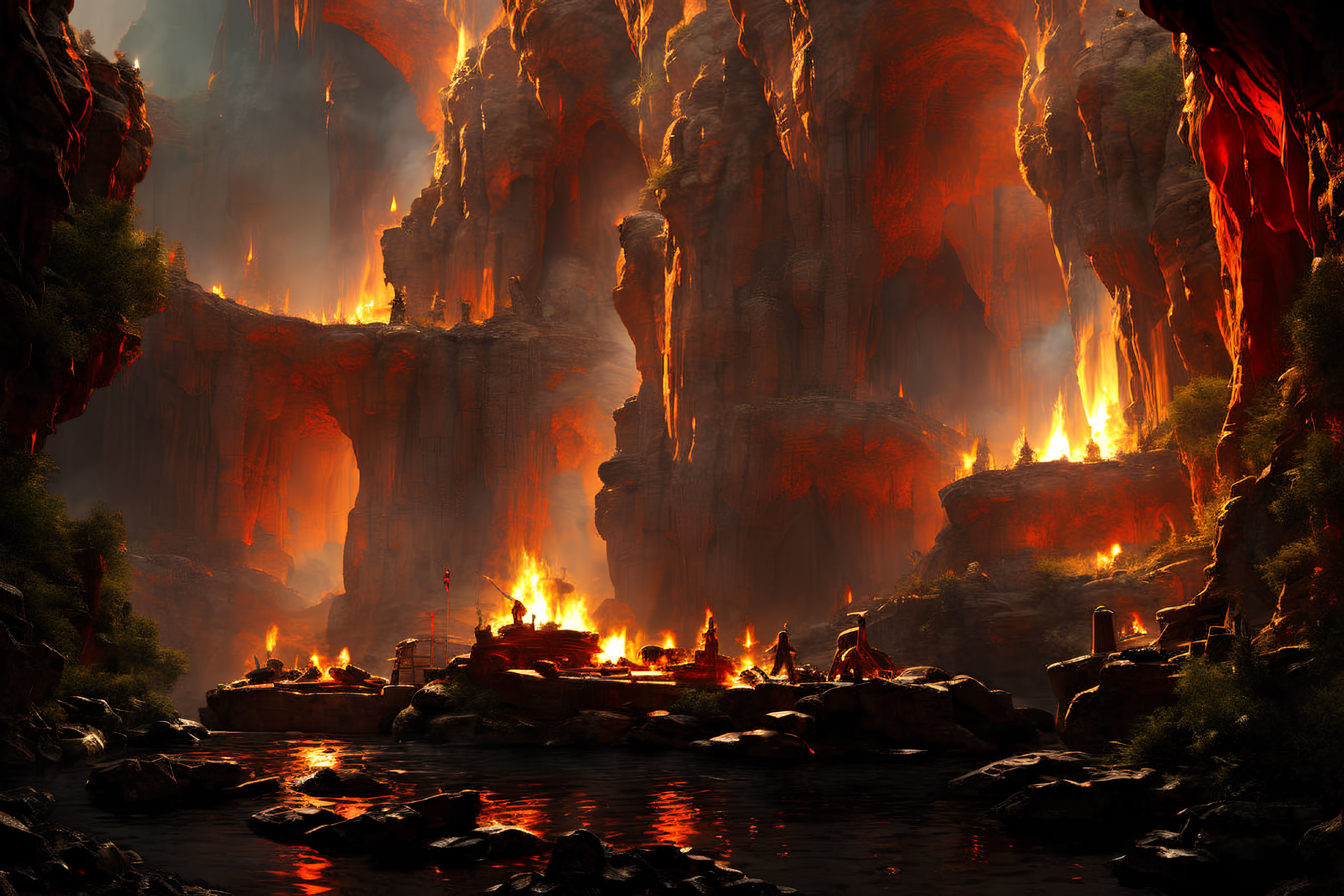 Apocalyptic landscape with molten lava falls and burning structures