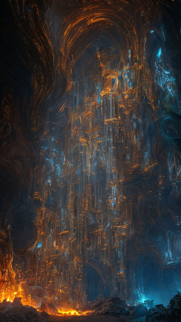 Ethereal glowing blue structures in dark cavernous landscape