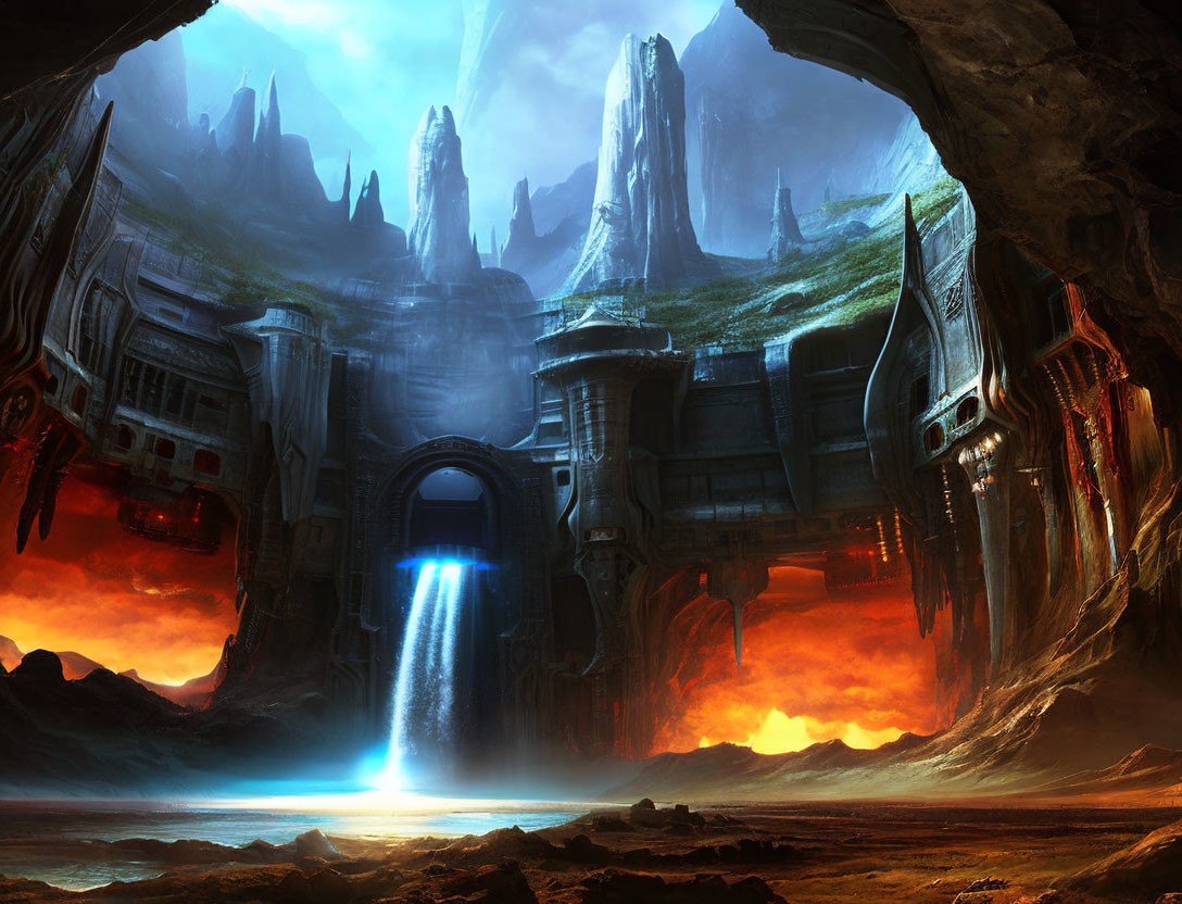 Futuristic cavern with towering rock formations and alien structures