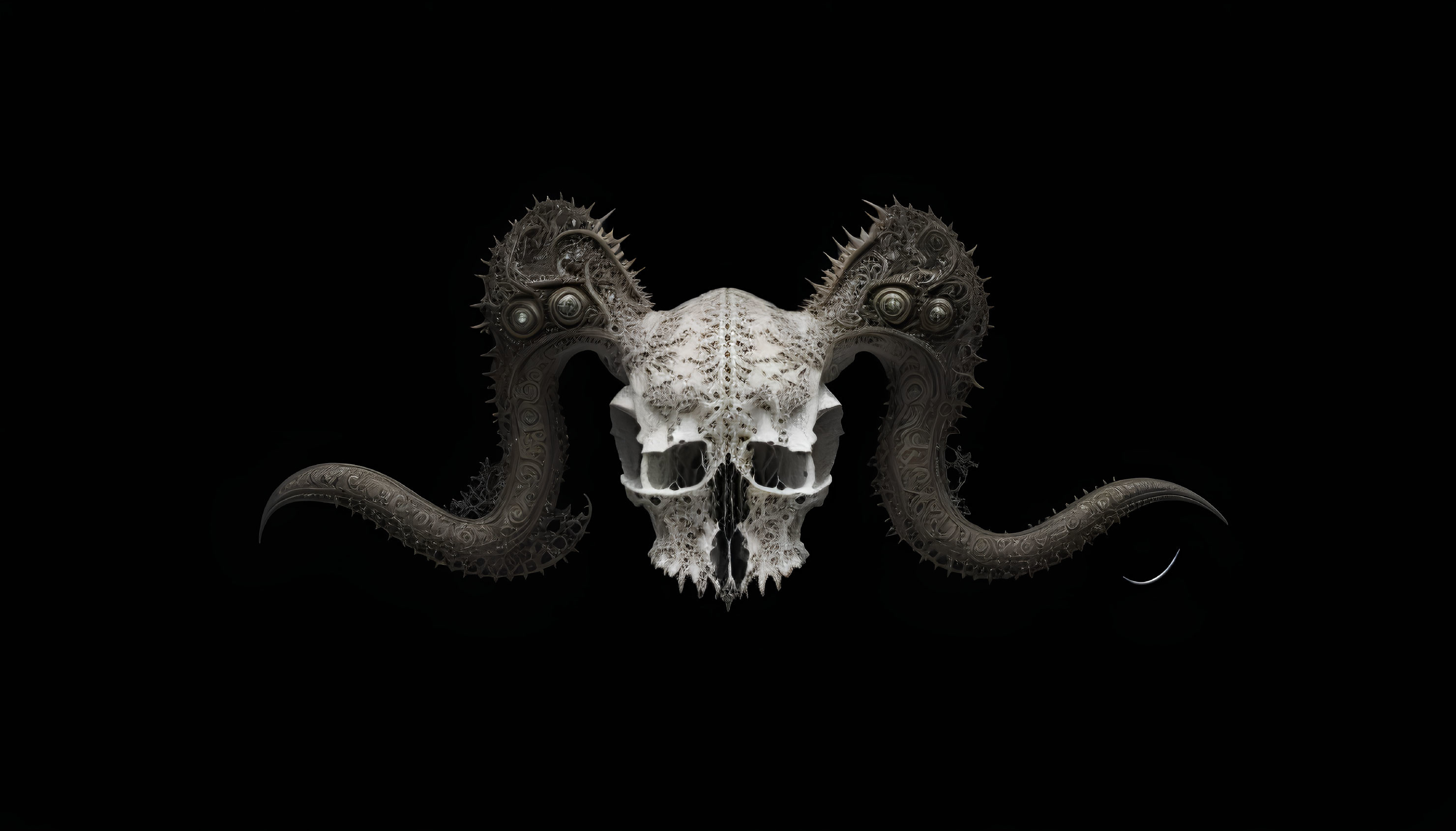 Symmetrical skull design with tentacle patterns on black background