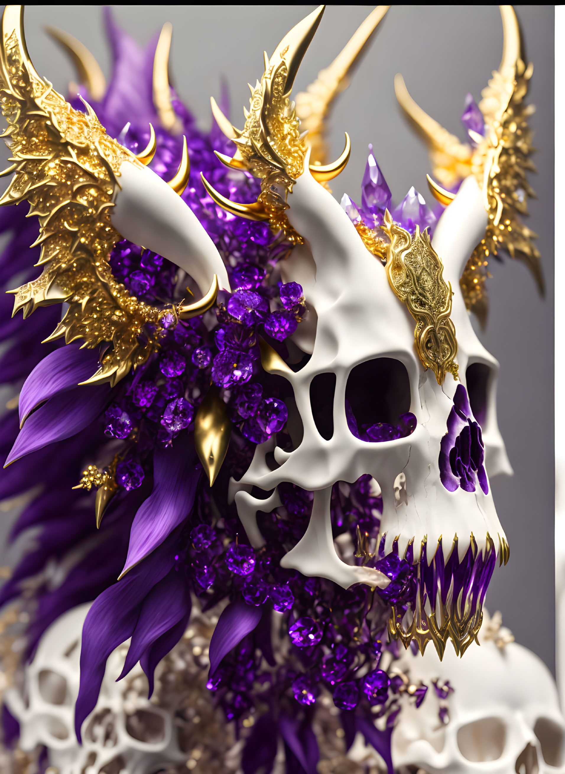 Skull-adorned sculpture with purple crystals and gold detailing