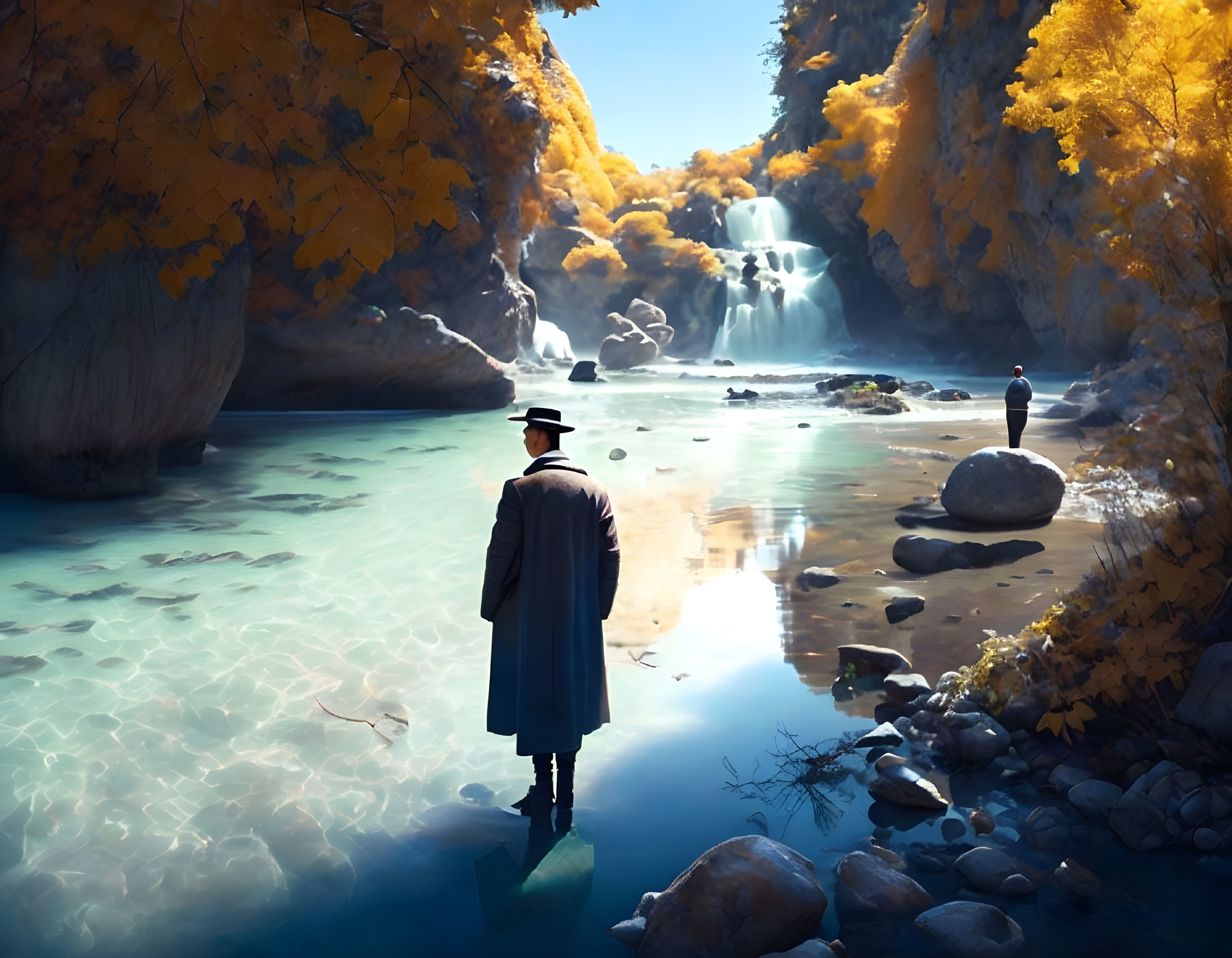 Person in coat and hat by serene river with waterfalls and autumn foliage, distant figure on rock