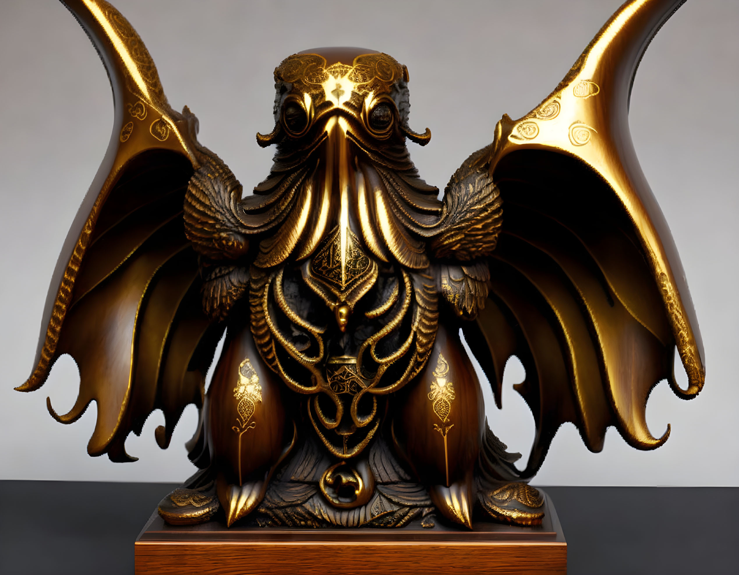 Gold and Black Eagle Sculpture with Spread Wings and Intricate Patterns