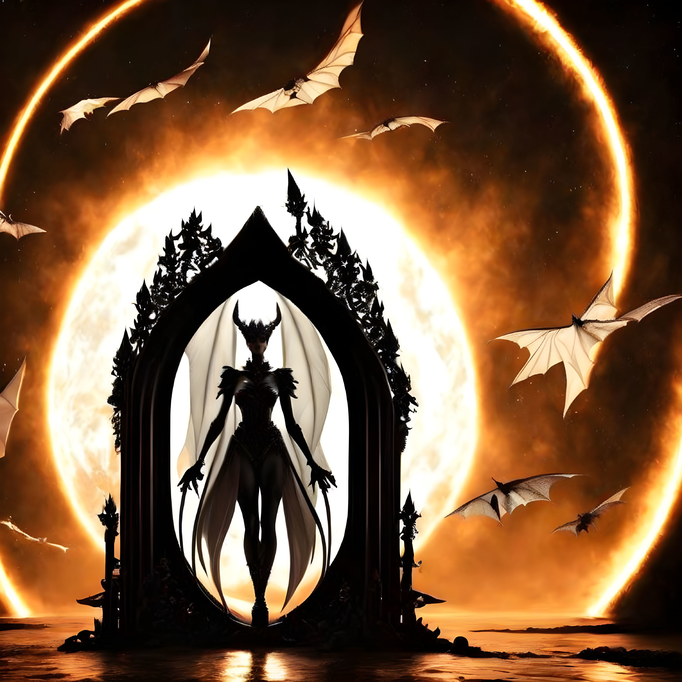 Fantasy figure silhouette with horns in gothic archway with dragons and fiery eclipse