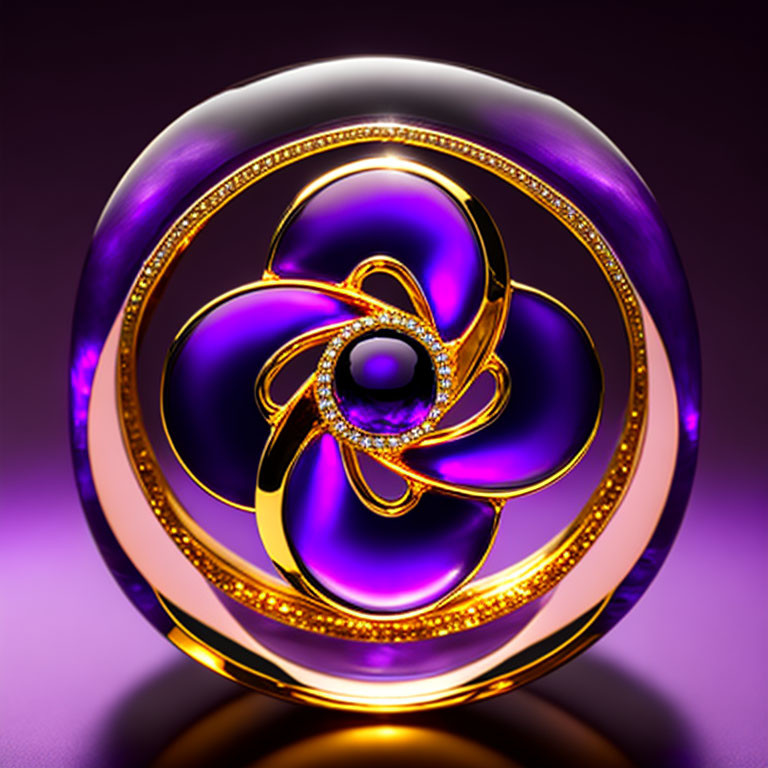 Abstract 3D rendering of glossy spherical object with purple and golden swirls on dark background