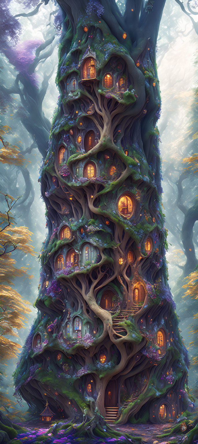 Fantasy illustration of towering tree with carved houses in mystical forest